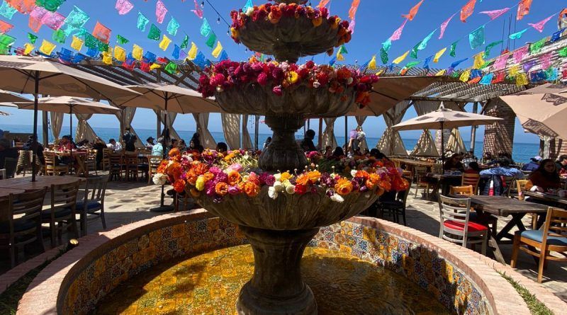 Fuente llena de flores con encanto